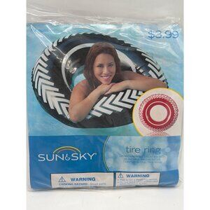 Sun & Sky Inflatable Tire Ring 35 Inches Red & White Outdoor Swim Float Ages 3+